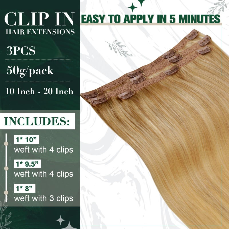 RUNATURE Real Human Hair Clip in Extensions Blonde, 14 Inch Clip in Hair Extensions Human Hair, Remy Hair Extensions Clip Ins, Easy to Maintain, 50g 3pcs #16P24 Golden Blonde Highlight - Image 3